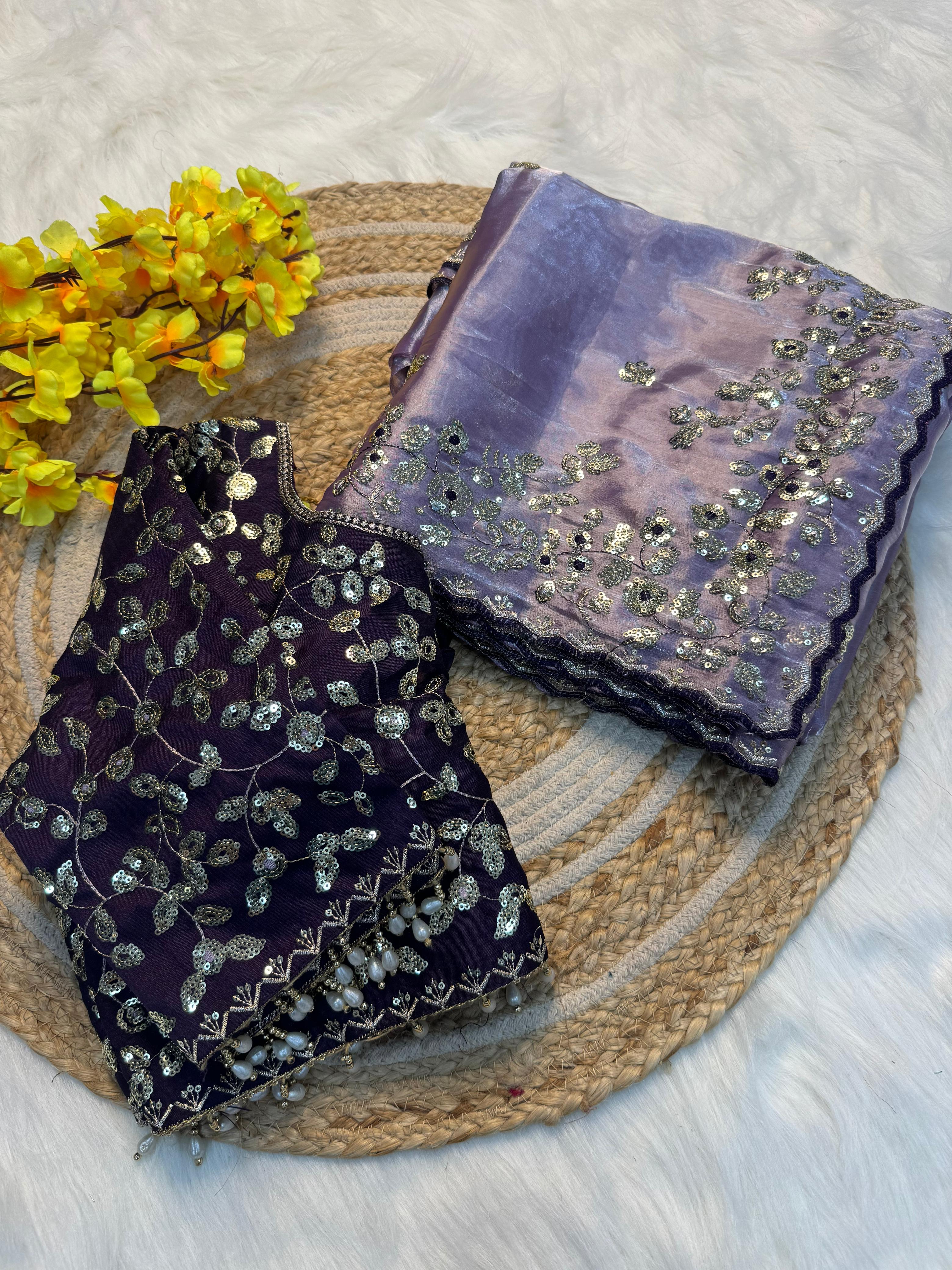 Premium Pure Silk Zari Sequence Design Embroidery Work saree