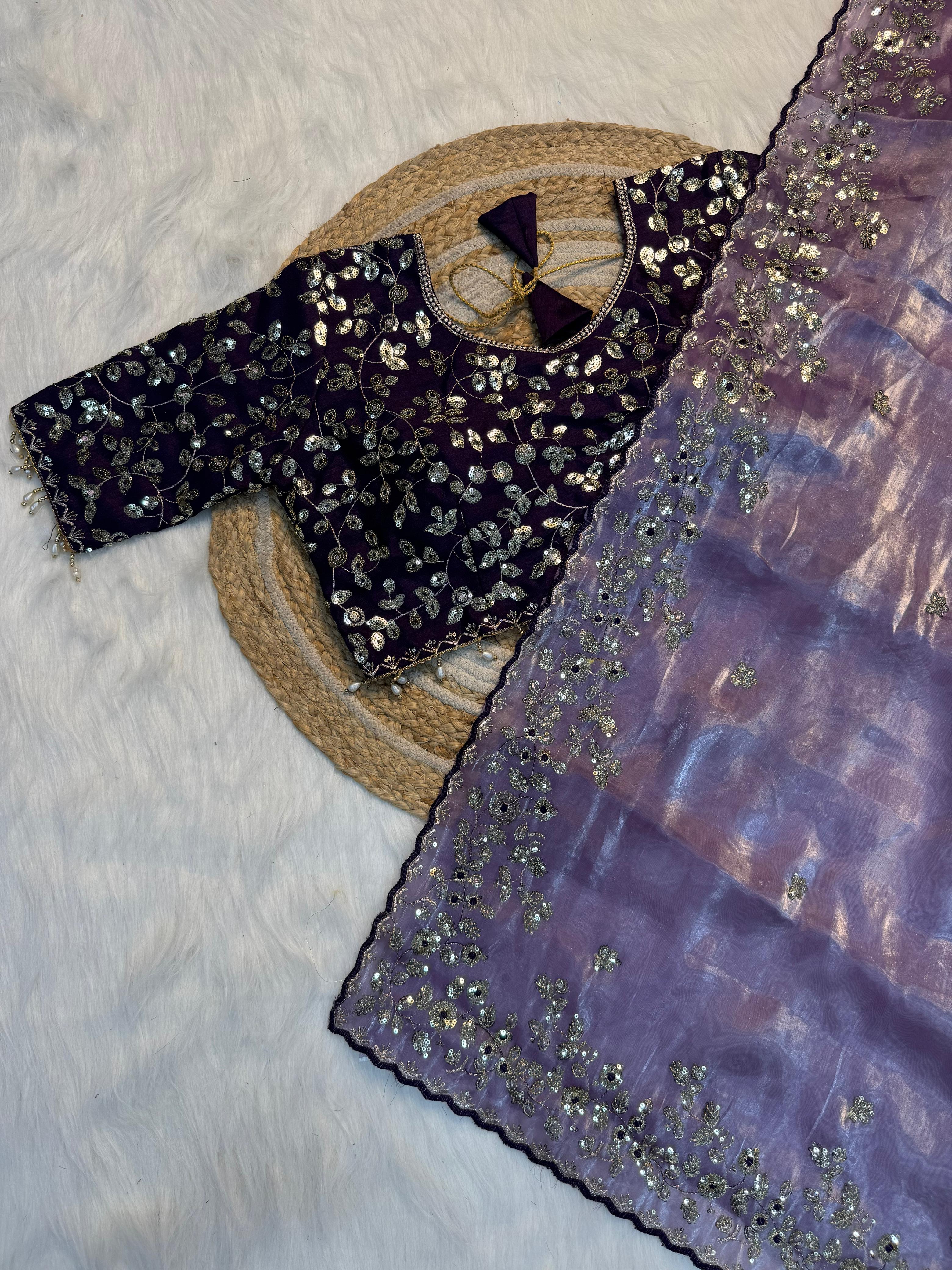 Premium Pure Silk Zari Sequence Design Embroidery Work saree