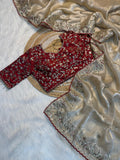 Premium Pure Silk Zari Sequence Design Embroidery Work saree