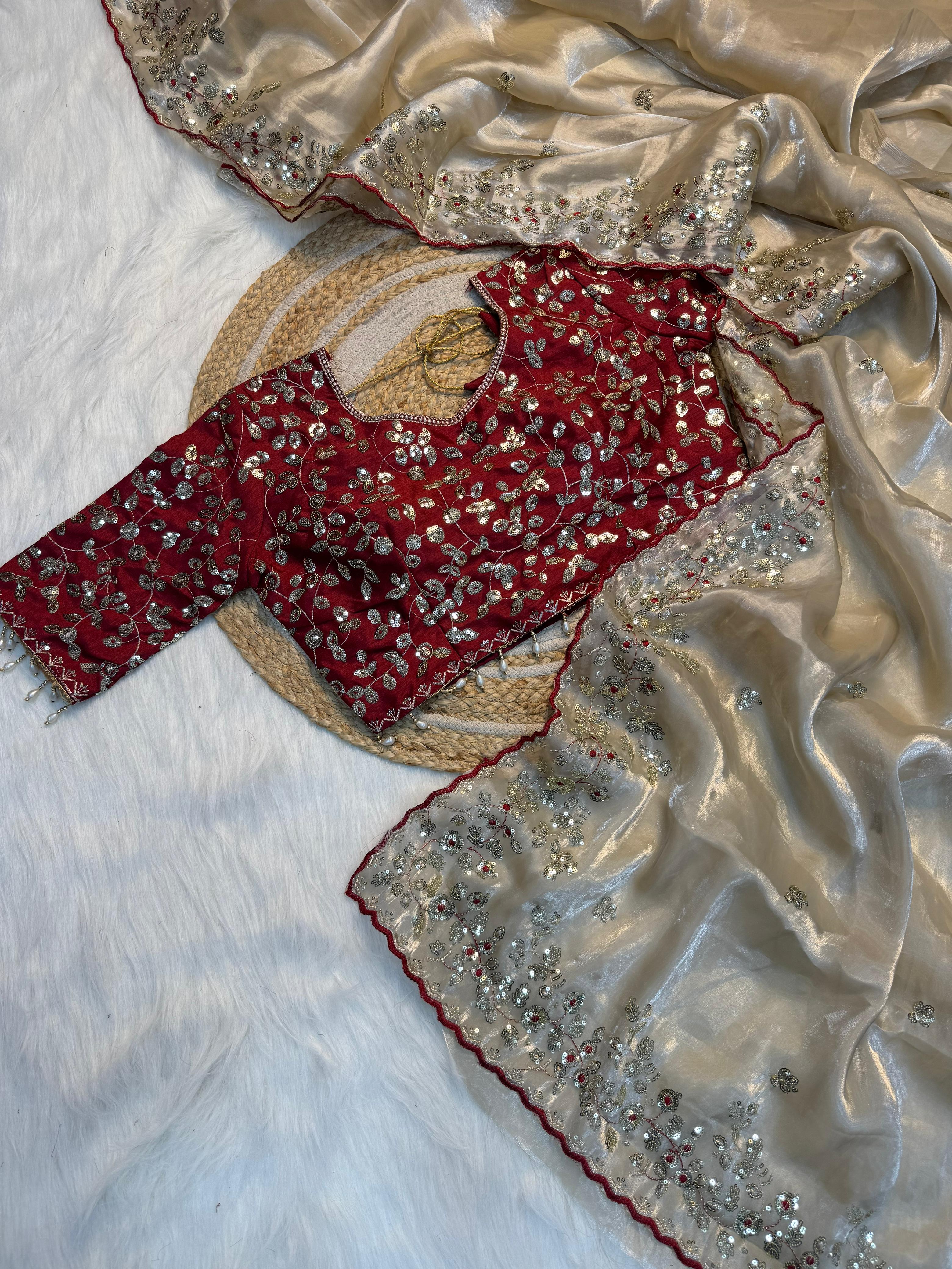 Premium Pure Silk Zari Sequence Design Embroidery Work saree