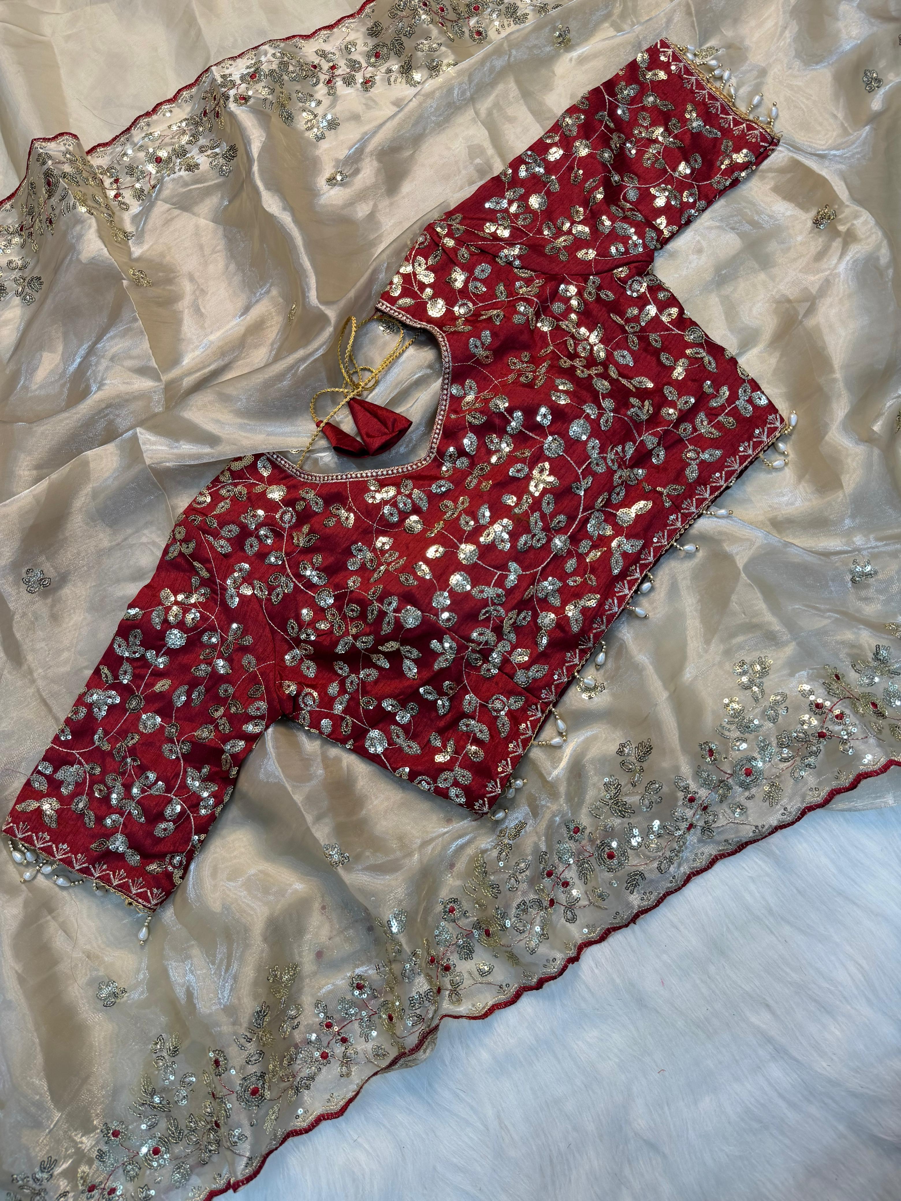 Premium Pure Silk Zari Sequence Design Embroidery Work saree