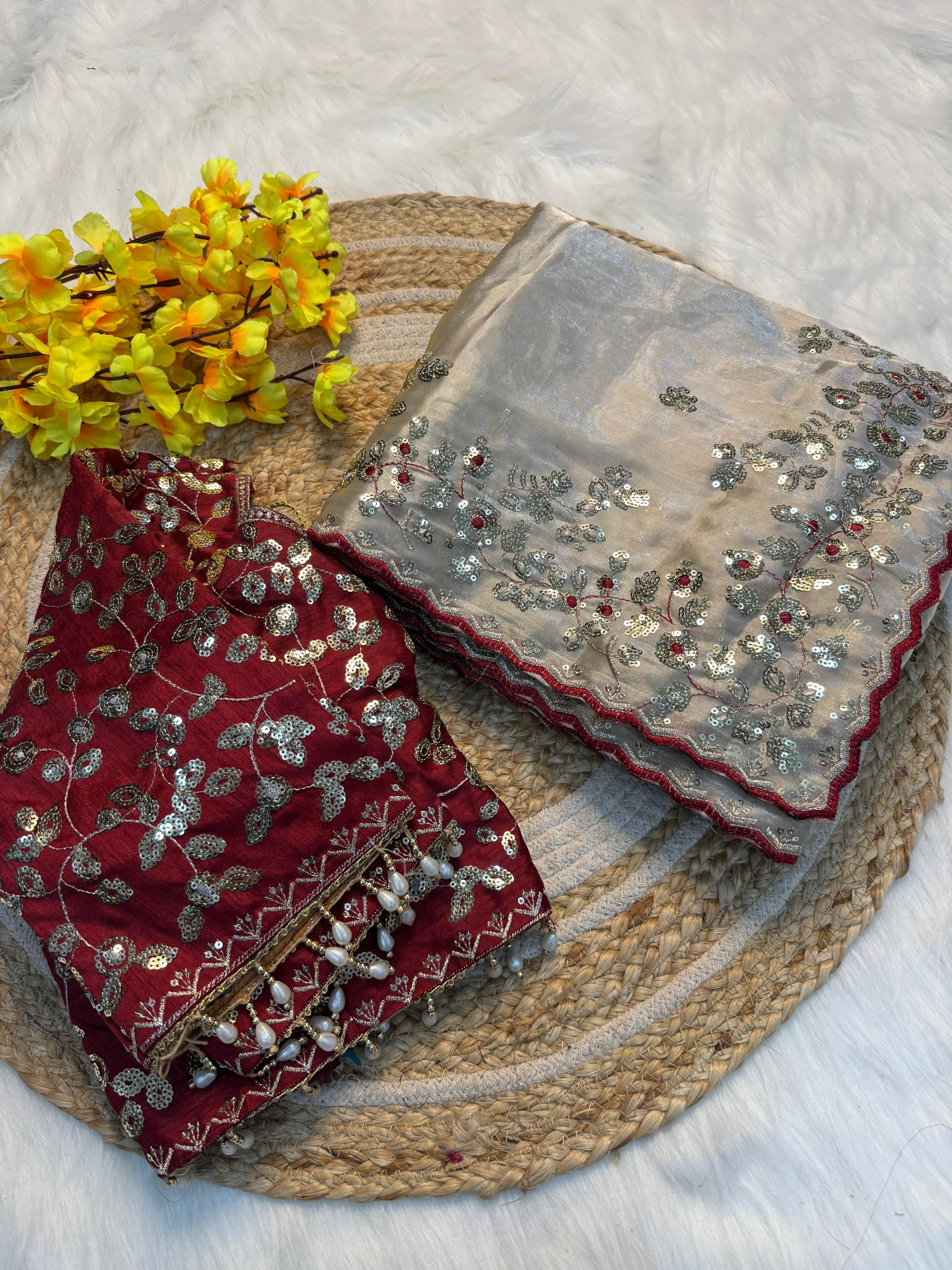 Premium Pure Silk Zari Sequence Design Embroidery Work saree