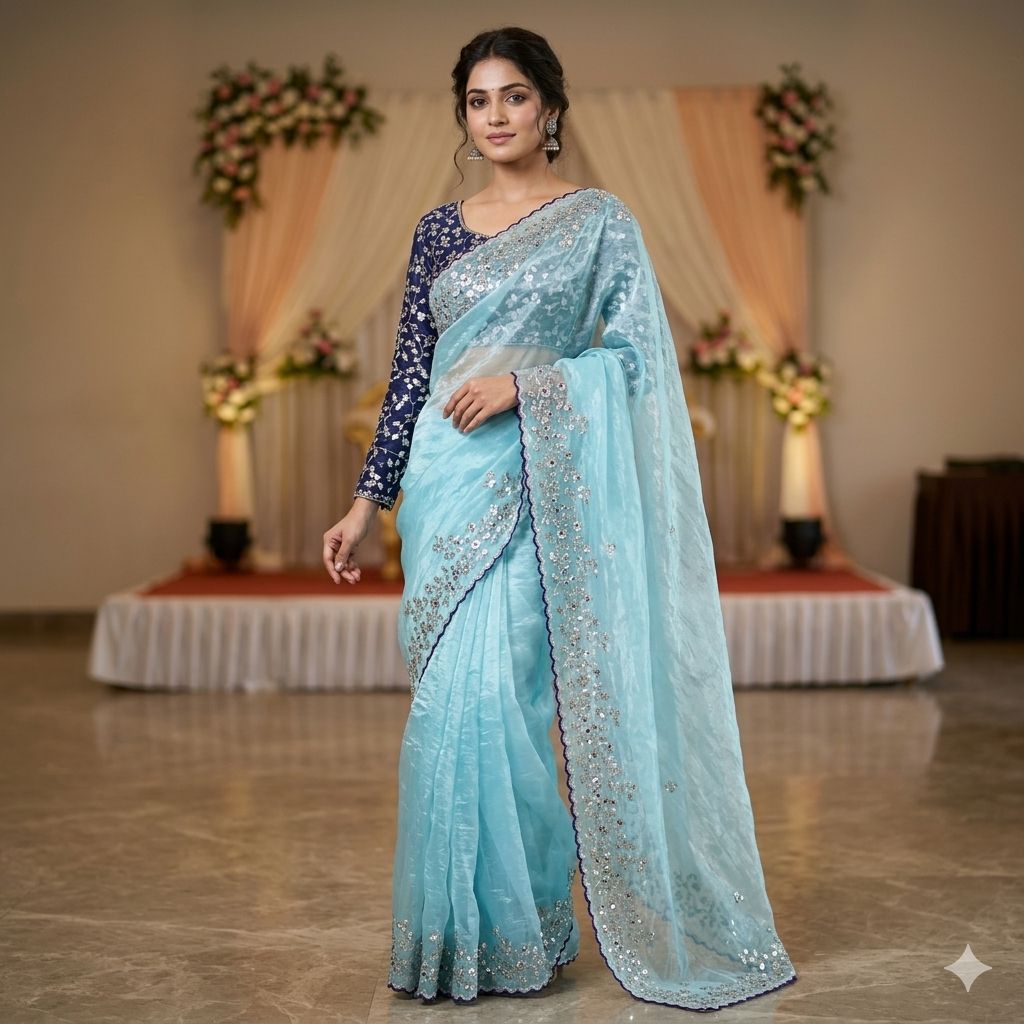 Premium Pure Silk Zari Sequence Design Embroidery Work saree