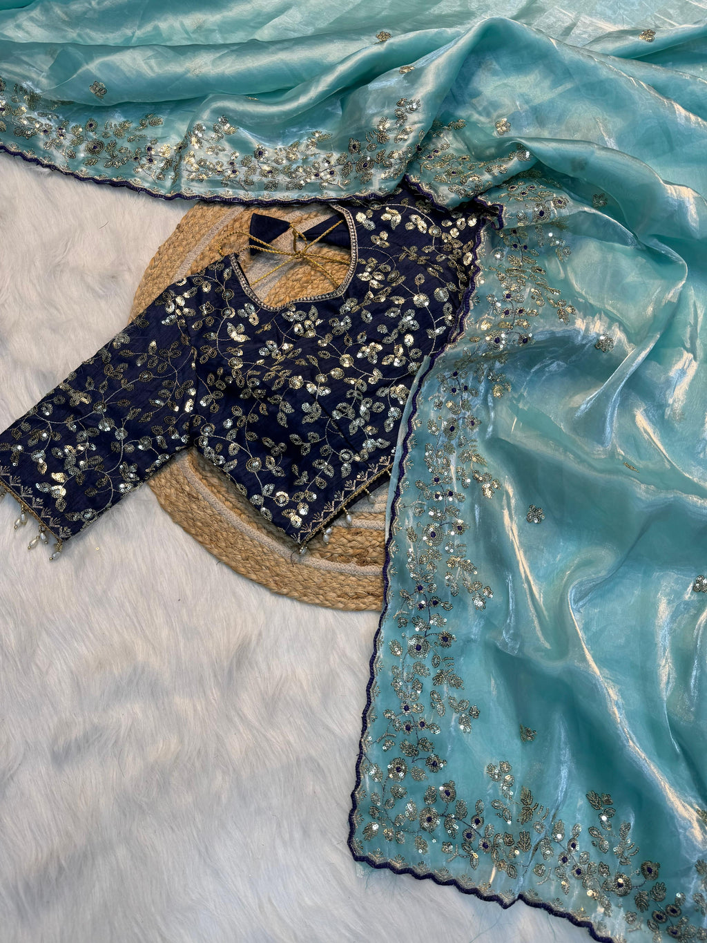 Premium Pure Silk Zari Sequence Design Embroidery Work saree