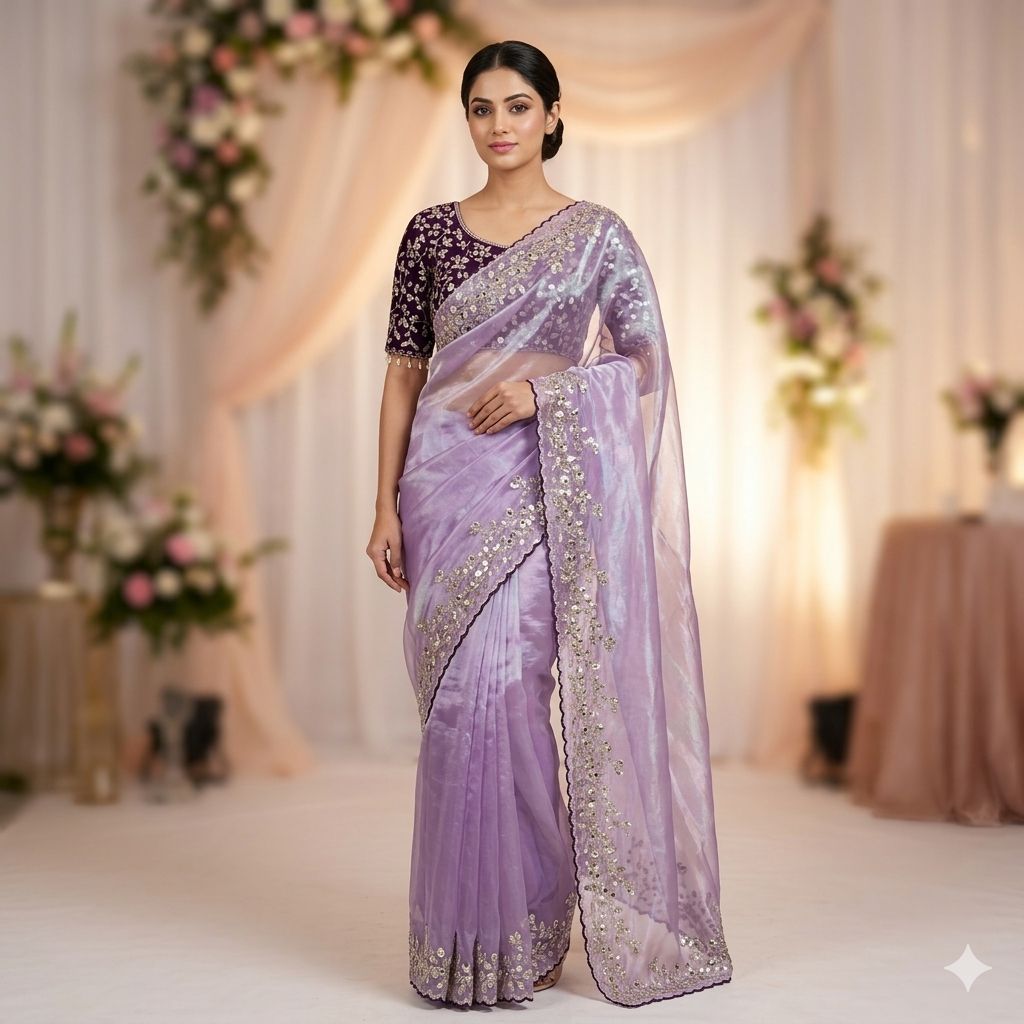 Premium Pure Silk Zari Sequence Design Embroidery Work saree