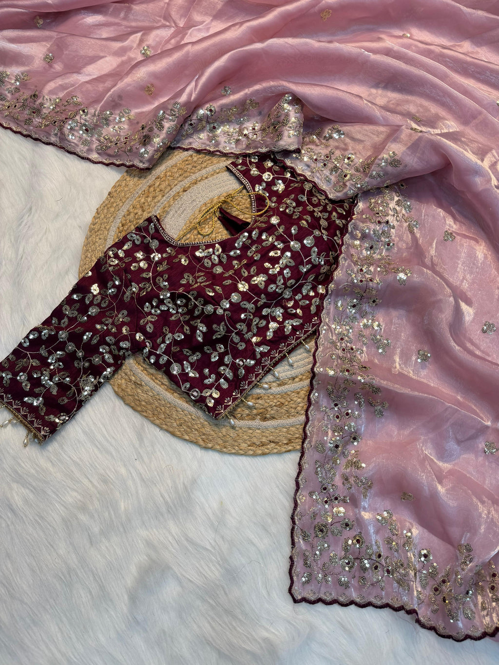 Premium Pure Silk Zari Sequence Design Embroidery Work saree