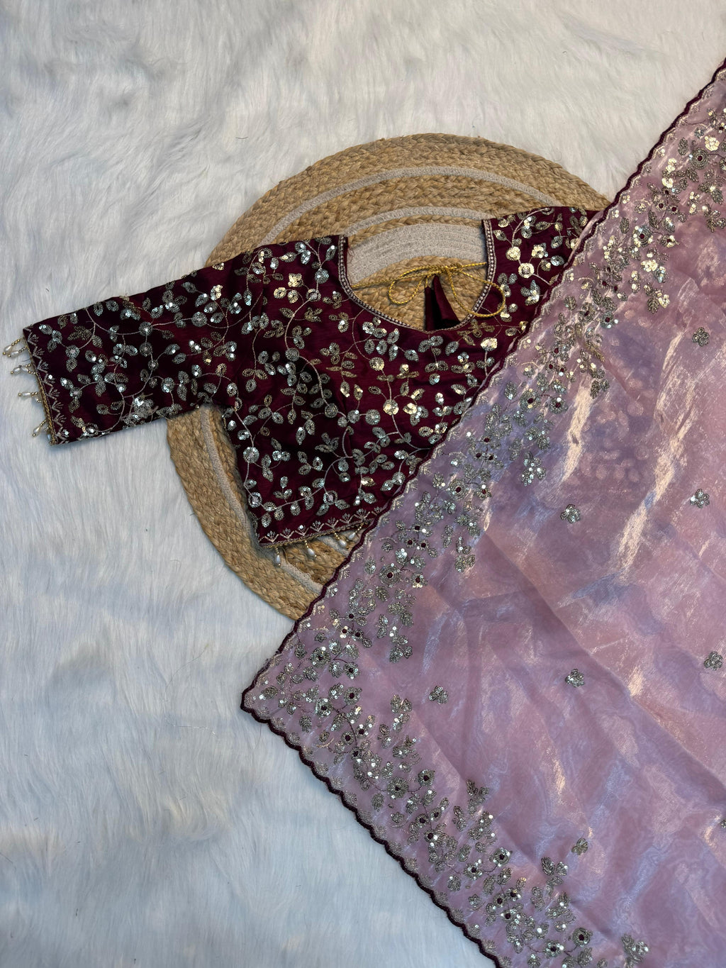Premium Pure Silk Zari Sequence Design Embroidery Work saree