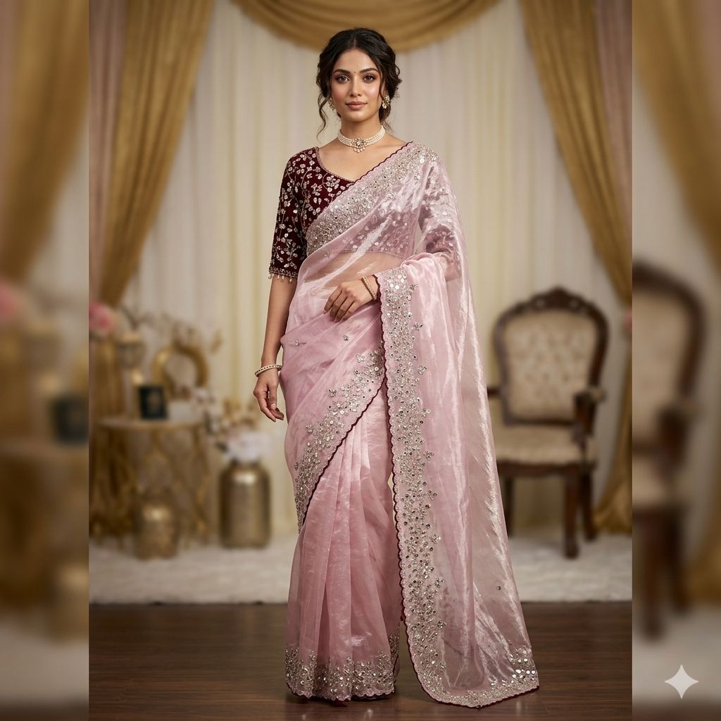 Premium Pure Silk Zari Sequence Design Embroidery Work saree